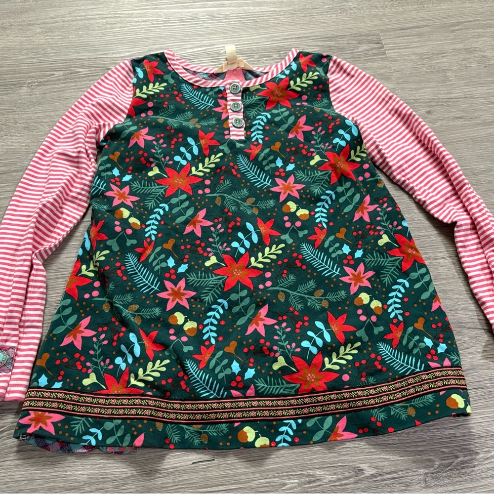 Matilda Jane Green Floral Shirt with Pink Striped Sleeves